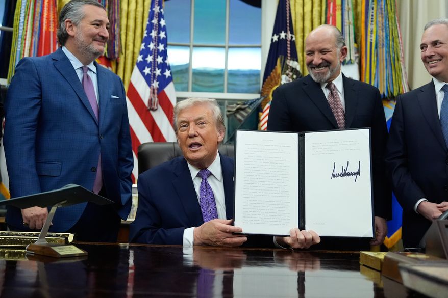 Flanked by Sen. Ted Cruz, R-Texas, left, Secretary of Commerce Howard Lutnick, second right, and White House AI and Crypto Czar David Sacks, President Donald Trump displays his signed AI initiative in the Oval Office of the White House, Dec. 11, 2025, in Washington. (AP Photo/Alex Brandon, File)