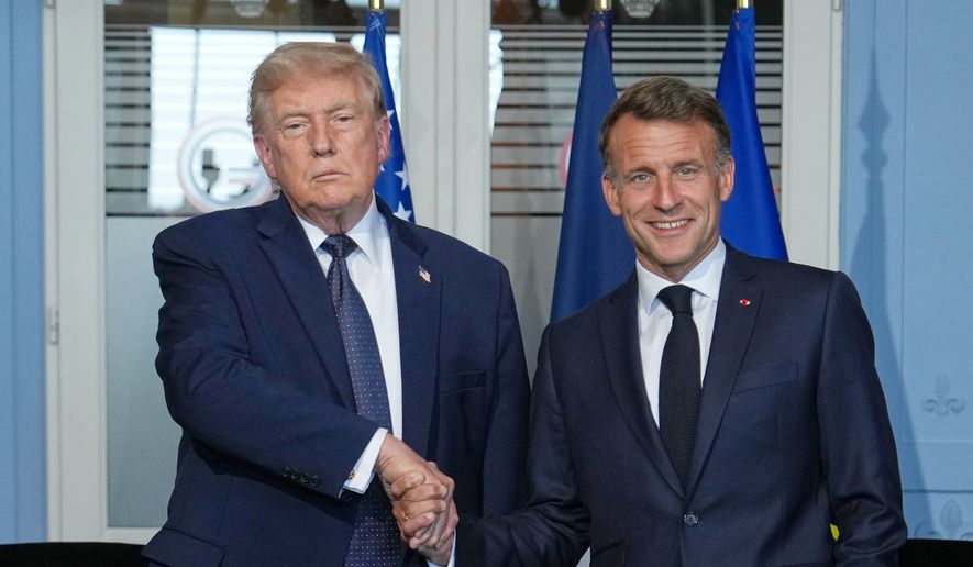 President Donald Trump meets with French President Emmanuel Macron during a bilateral meeting on the sidelines of the G7 summit, Monday, June 15, 2026, in Evian-les-Bains, France. (AP Photo/Julia Demaree Nikhinson)