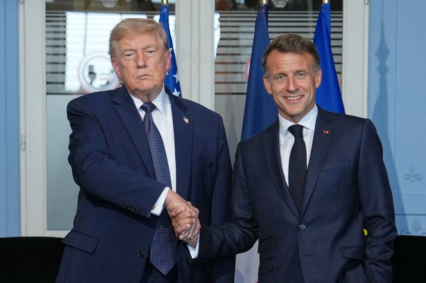 President Donald Trump meets with French President Emmanuel Macron during a bilateral meeting on the sidelines of the G7 summit, Monday, June 15, 2026, in Evian-les-Bains, France. (AP Photo/Julia Demaree Nikhinson)