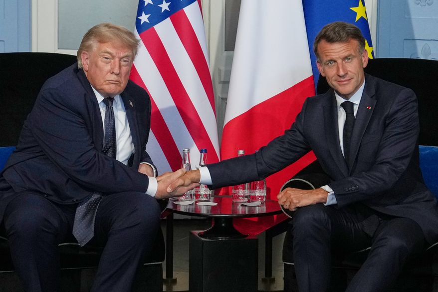 President Donald Trump meets with French President Emmanuel Macron during a bilateral meeting on the sidelines of the G7 summit, Monday, June 15, 2026, in Evian-les-Bains, France. (AP Photo/Julia Demaree Nikhinson)