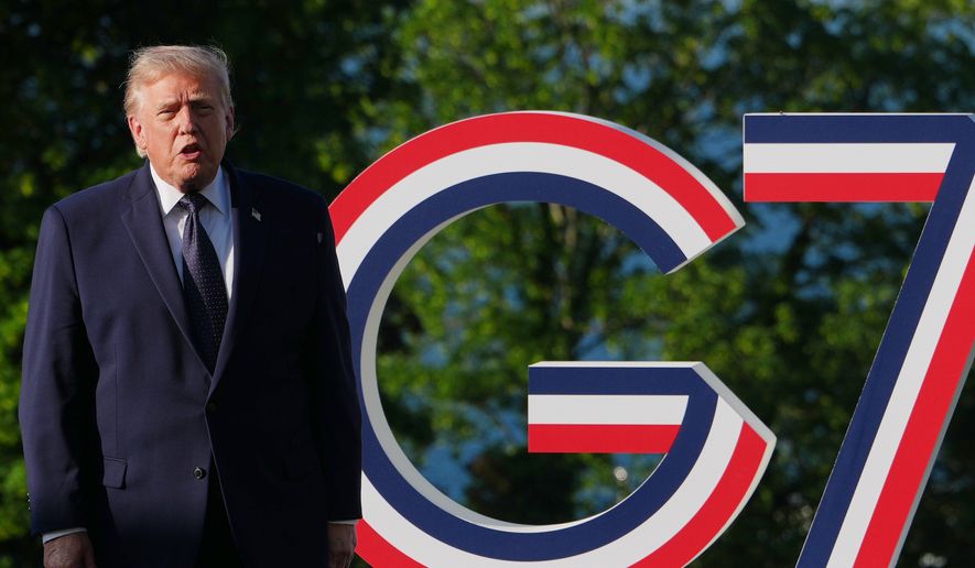 U.S. President Donald Trump talks as he greets France's President Emmanuel Macron and first lady Brigitte Macron at the G7 summit, Monday, June 15, 2026, in Evian-les-Bains, France. (AP Photo/Julia Demaree Nikhinson)
