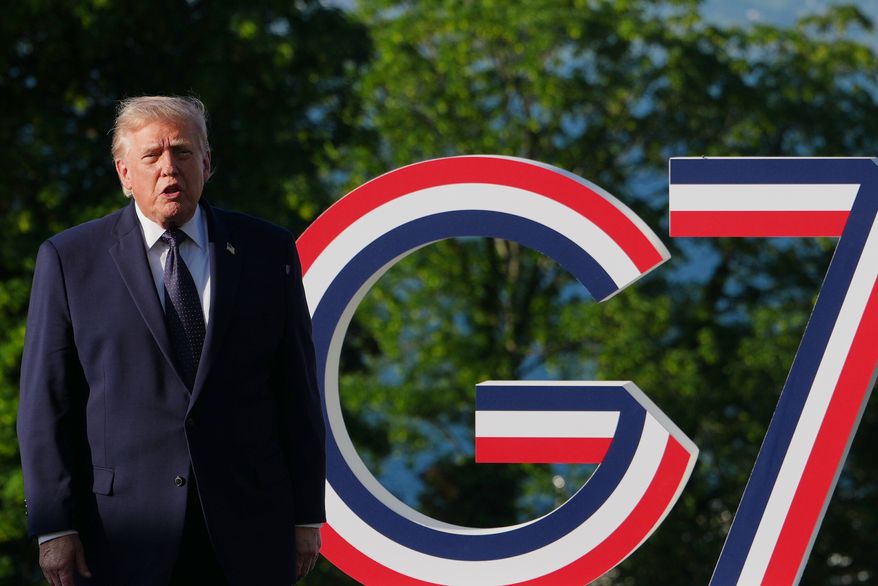 U.S. President Donald Trump talks as he greets France's President Emmanuel Macron and first lady Brigitte Macron at the G7 summit, Monday, June 15, 2026, in Evian-les-Bains, France. (AP Photo/Julia Demaree Nikhinson)