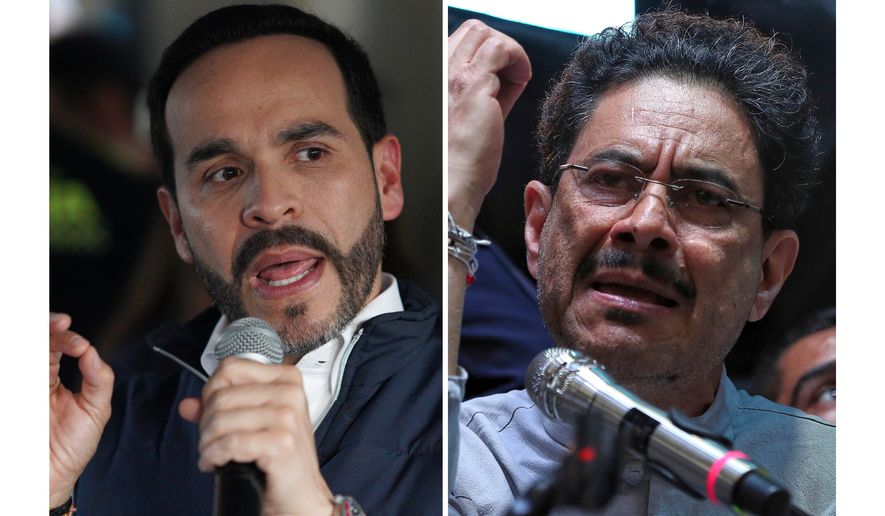 This combination of photos shows presidential candidates Abelardo de la Espriella, left, on May 6, 2026, and Iván Cepeda, on Feb. 26, 2026, on the campaign trail ahead of elections in Colombia. (AP Photo)