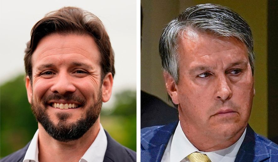 This combination of photos shows Republican candidates for U.S. Senate Jared Hudson, left, on May 7, 2026, in Enterprise, Ala., and Rep. Barry Moore, right, on April 17, 2023, in New York. (AP Photo, File)