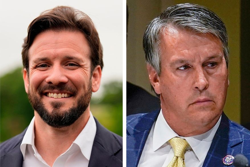 This combination of photos shows Republican candidates for U.S. Senate Jared Hudson, left, on May 7, 2026, in Enterprise, Ala., and Rep. Barry Moore, right, on April 17, 2023, in New York. (AP Photo, File)