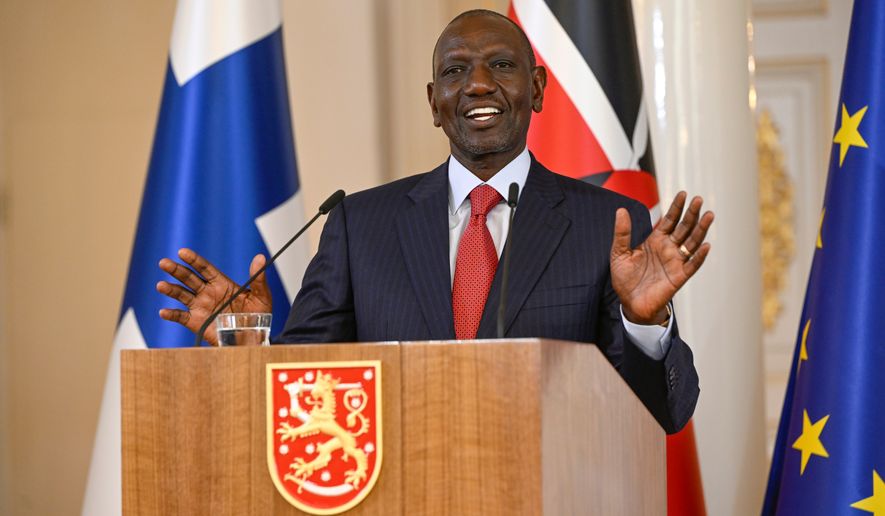 Kenya's President William Ruto speaks during a joint news conference with Finland's President Alexander Stubb in the Hall of Mirrors of the Presidential Palace in Helsinki, Finland, Wednesday, June 10, 2026. (Antti Aimo-Koivisto/Lehtikuva via AP)