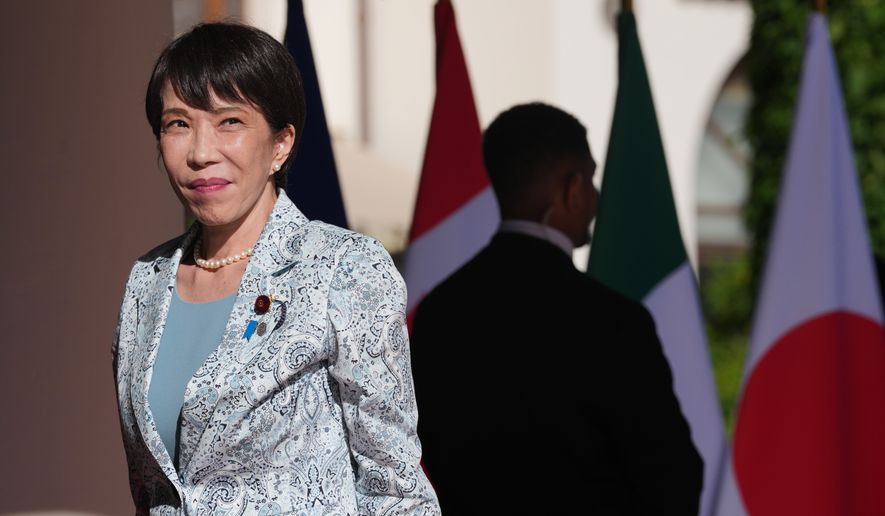 Japan's Prime Minister Sanae Takaichi arrives for the G7 summit in Evian-les-Bains, France, Monday, June 15, 2026. (AP Photo/Thibault Camus) ** FILE **