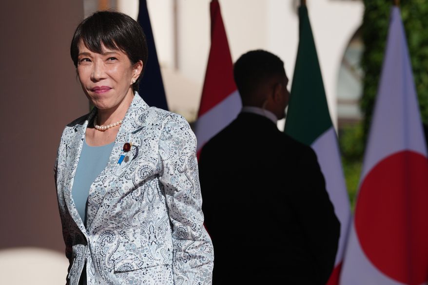 Japan's Prime Minister Sanae Takaichi arrives for the G7 summit in Evian-les-Bains, France, Monday, June 15, 2026. (AP Photo/Thibault Camus) ** FILE **