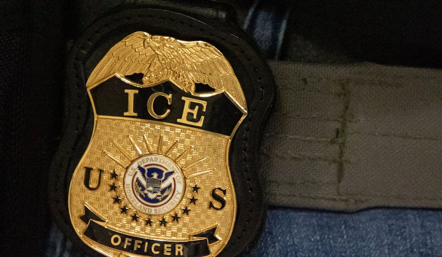 A federal agent wears an Immigration and Customs Enforcement badge in New York, June 10, 2025. (AP Photo/Yuki Iwamura, File)
