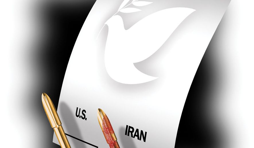 The United States of America negotiating peace with Iran illustration by Alexander Hunter/The Washington Times