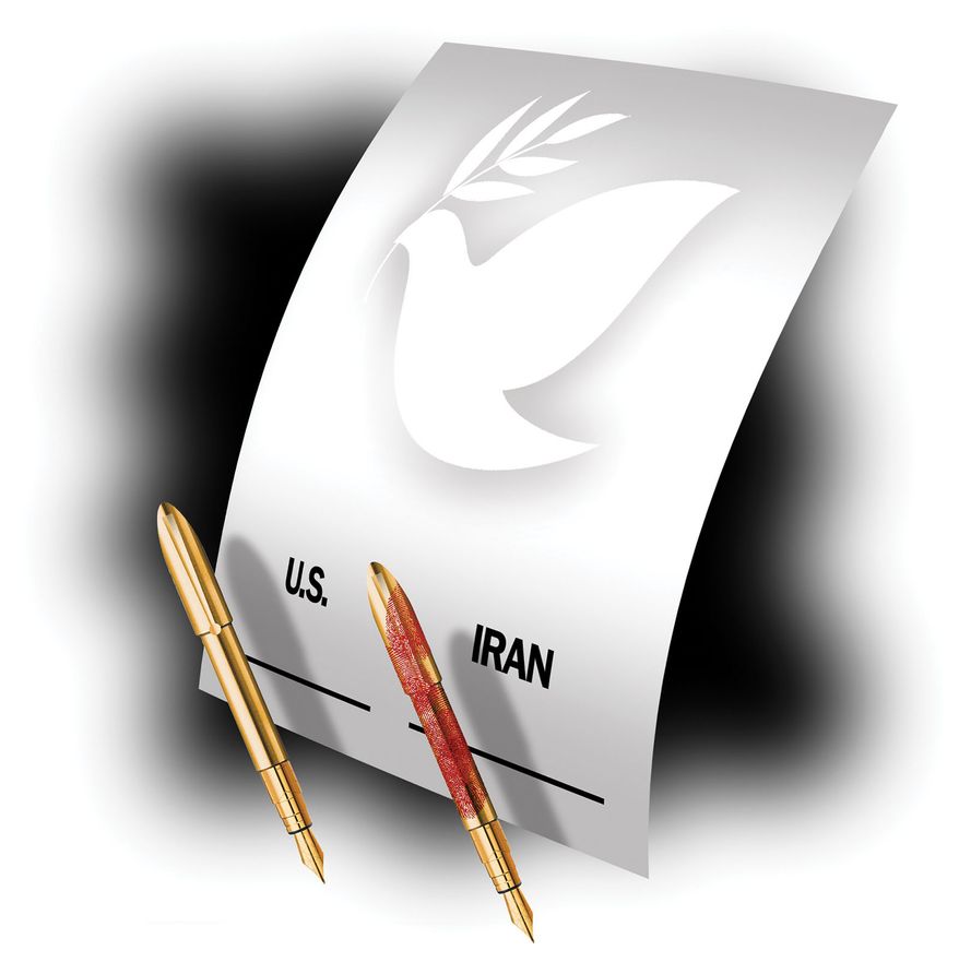 The United States of America negotiating peace with Iran illustration by Alexander Hunter/The Washington Times
