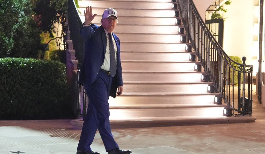 President Donald Trump departs at the conclusion of the UFC Freedom 250 on the South Lawn of the White House, Monday, June 15, 2026, in Washington. (AP Photo/Mark Schiefelbein)