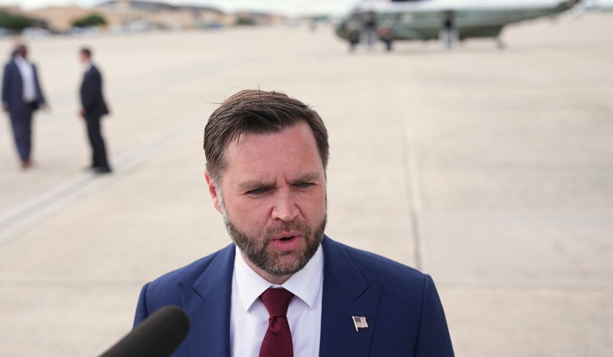 With Marine Two in the background, Vice President JD Vance speaks with reporters upon arriving at Joint Base Andrews, Md., Thursday, May 28, 2026. (AP Photo/Matt Rourke, Pool)