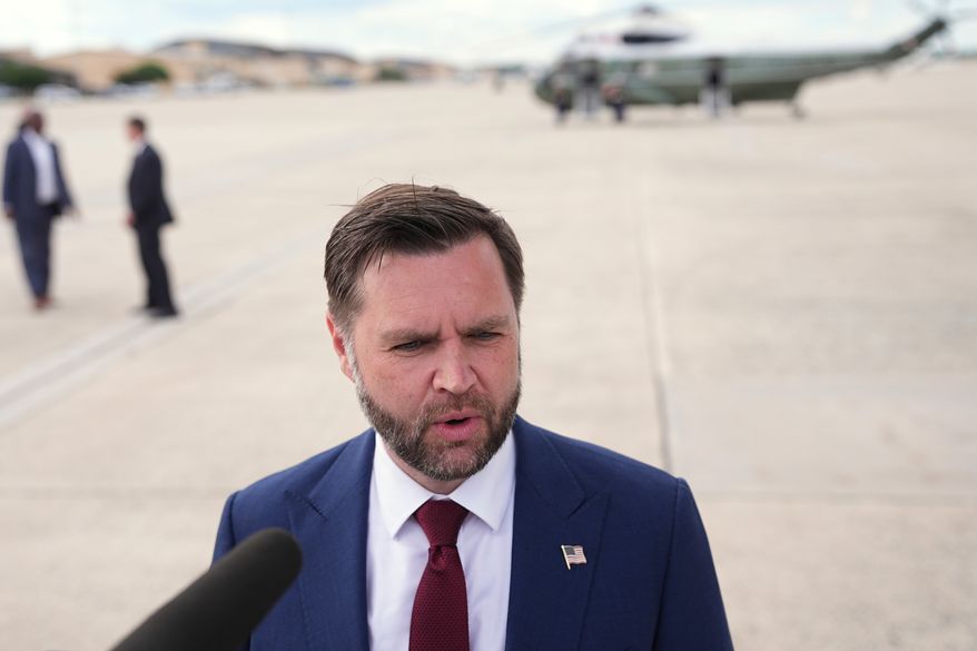 With Marine Two in the background, Vice President JD Vance speaks with reporters upon arriving at Joint Base Andrews, Md., Thursday, May 28, 2026. (AP Photo/Matt Rourke, Pool)
