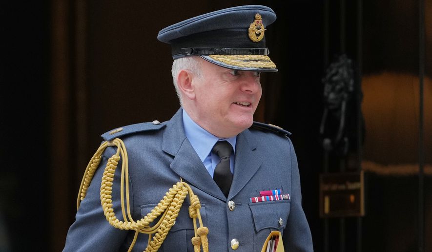 Air Chief Marshal, Richard Knighton leaves 10 Downing Street after a meeting with the Prime Minister Keir Starmer and the Defense Secretary, Dan Jarvis in London, Friday, June 12, 2026. (AP Photo/Kin Cheung)