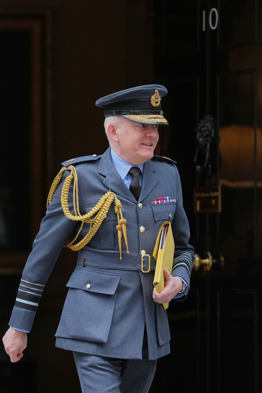 Air Chief Marshal, Richard Knighton leaves 10 Downing Street after a meeting with the Prime Minister Keir Starmer and the Defense Secretary, Dan Jarvis in London, Friday, June 12, 2026. (AP Photo/Kin Cheung)