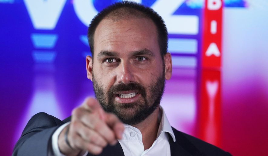 Eduardo Bolsonaro, a Brazilian lawmaker and son of President Jair Bolsonaro, speaks at a gathering of conservatives, in Mexico City, Friday, Nov. 18, 2022. (AP Photo/Marco Ugarte, File)