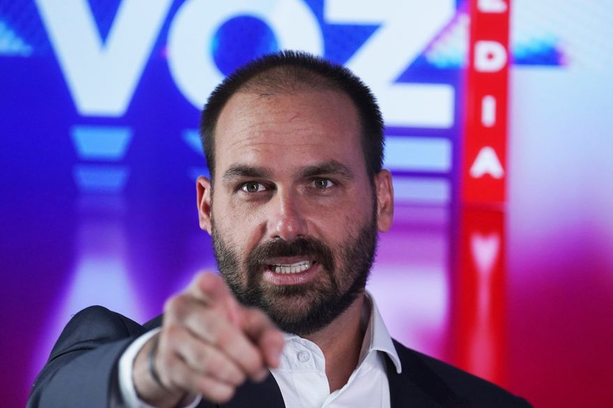 Eduardo Bolsonaro, a Brazilian lawmaker and son of President Jair Bolsonaro, speaks at a gathering of conservatives, in Mexico City, Friday, Nov. 18, 2022. (AP Photo/Marco Ugarte, File)