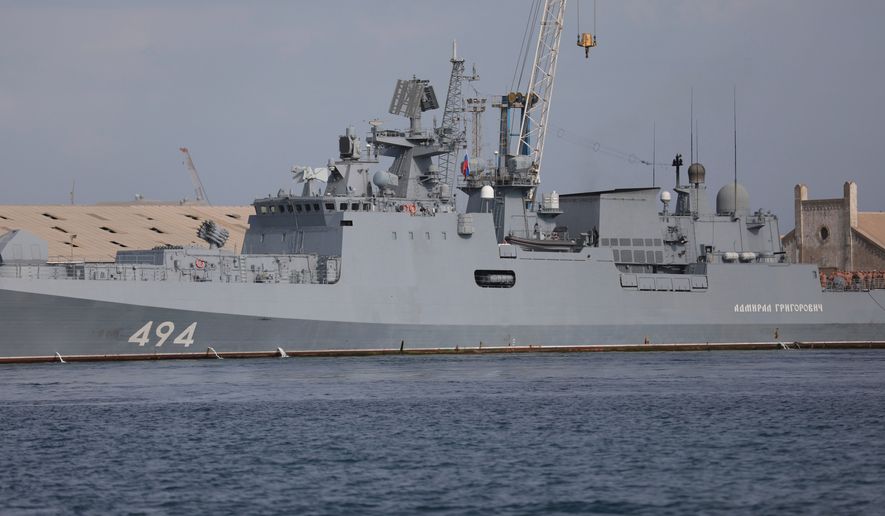 A Russian warship is docked in Port Sudan, Sudan, on Feb. 28, 2021. (AP Photo, File)