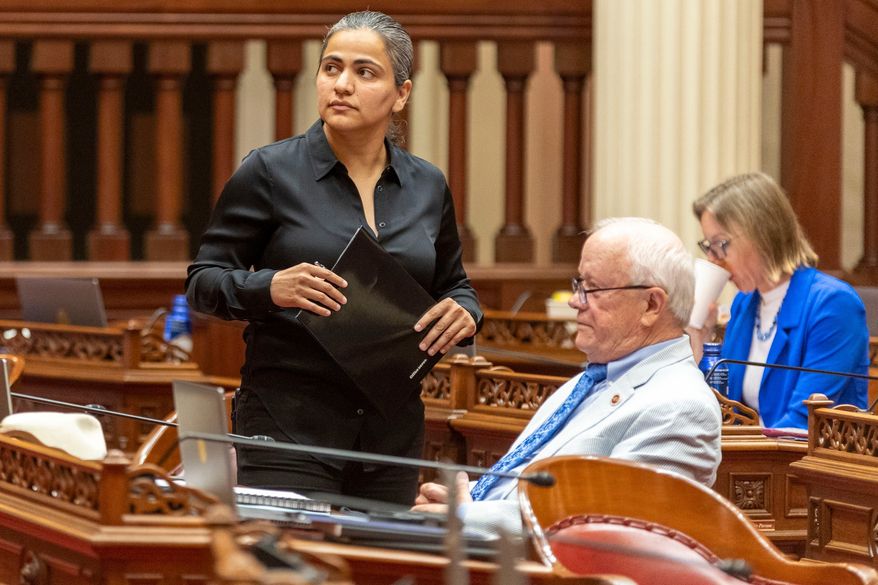 D-Calif. State Sen. Aisha Wahab attends the state legislature on Monday, June 15, 2026 in Sacramento, Calif. (AP Photo/Annie Barker)