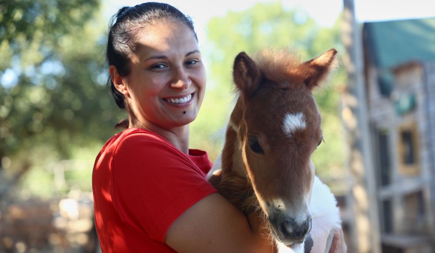 Owner Andjelka Josipovic poses with a pony named Mile at a ranch in Bale, Croatia, on June 13, 2026. (AP Photo)