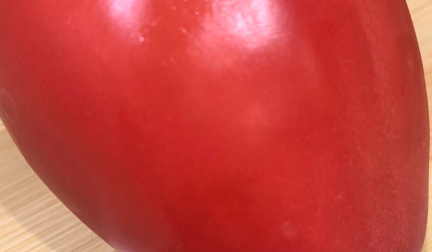 A homegrown Bull’s heart tomato appears in a kitchen on Long Island, N.Y., on Aug. 9, 2021. (Jessica Damiano via AP)