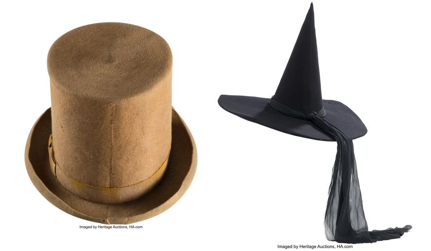 This combination of images released by Heritage Auctions shows a top hat from the 1971 film "Willy Wonka & the Chocolate Factory," left, and a witch hat worn by Margaret Hamilton in "The Wizard of Oz." (Heritage Auctions via AP)