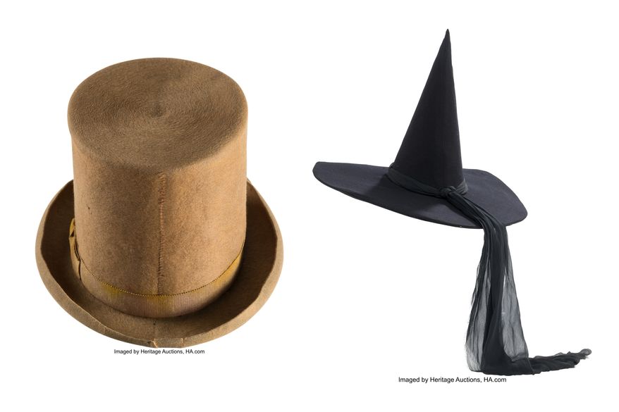 This combination of images released by Heritage Auctions shows a top hat from the 1971 film "Willy Wonka & the Chocolate Factory," left, and a witch hat worn by Margaret Hamilton in "The Wizard of Oz." (Heritage Auctions via AP)