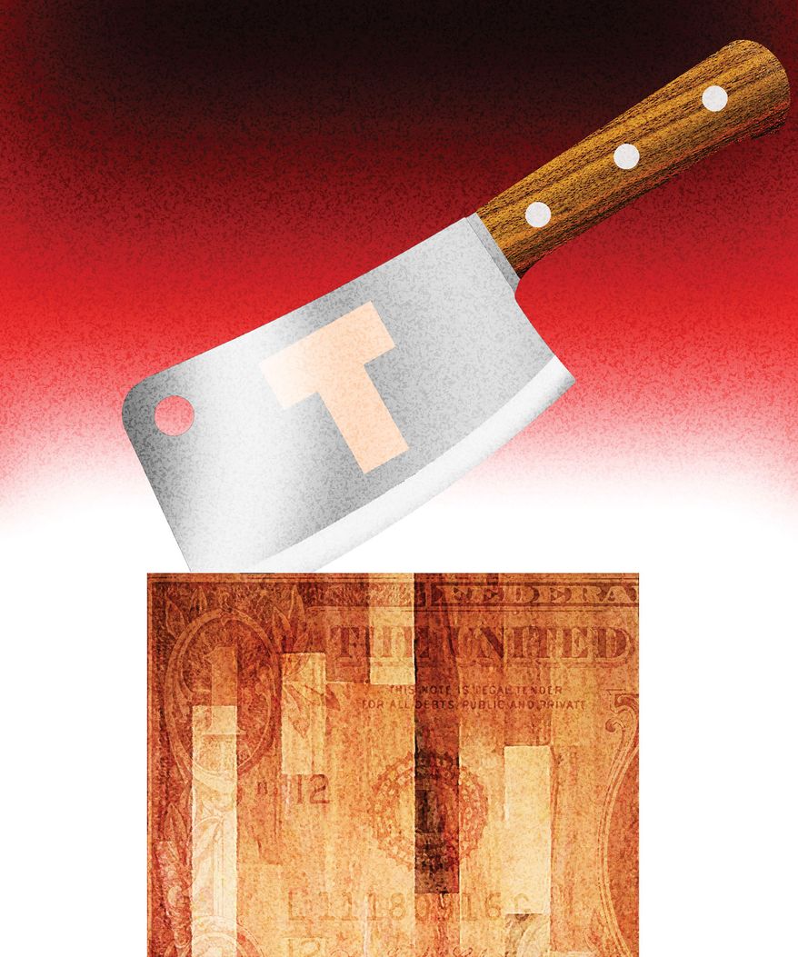 Trump shrinking the federal government and reducing costs illustration by Alexander Hunter/The Washington Times