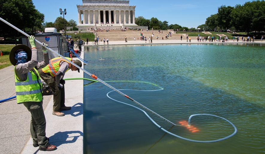 Members of the National Park Service clean algae from the Lincoln Memorial Reflecting Pool, Tuesday, June 16, 2026, in Washington. (AP Photo/Jacquelyn Martin)