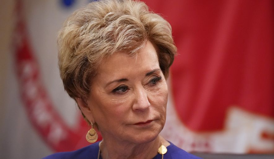 Secretary of Education Linda McMahon, attends a Cabinet meeting at the White House, Wednesday, May 27, 2026, in Washington. (AP Photo/Jacquelyn Martin) ** FILE **