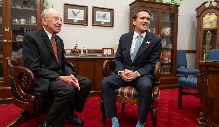 Senate Judiciary Committee Chairman Chuck Grassley, R-Iowa, left, meets with Todd Blanche, President Donald Trump's nominee to be attorney general, at the Capitol in Washington, Monday, June 15, 2026. (AP Photo/J. Scott Applewhite)