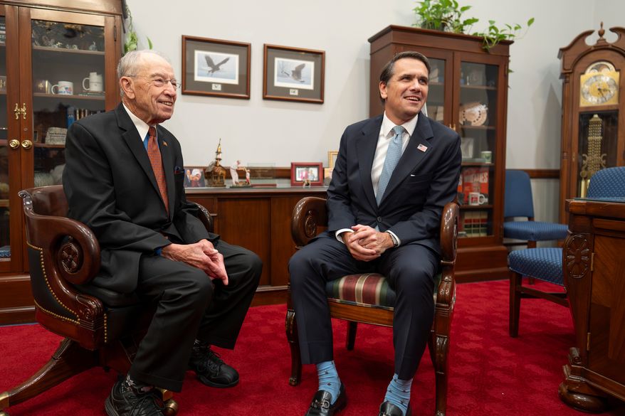 Senate Judiciary Committee Chairman Chuck Grassley, R-Iowa, left, meets with Todd Blanche, President Donald Trump's nominee to be attorney general, at the Capitol in Washington, Monday, June 15, 2026. (AP Photo/J. Scott Applewhite)