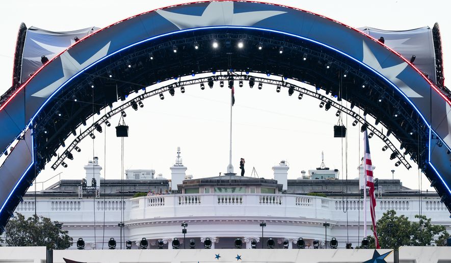 Security at the White House looks through a pair of binoculars during the UFC Fan Fest on the White House Ellipse ahead of Sunday's fight on the South Lawn, June 13, 2026, in Washington. (AP Photo/Allison Robbert, File)