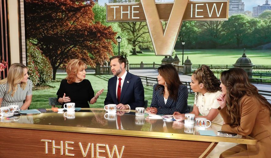 This image released by ABC shows Vice President J.D. Vance, third from left, with co-hosts, from left, Sara Haines, Joy Behar, Ana Navarro, Sunny Hostin and Alyssa Farah Griffin during an appearance on "The View" in New York on Tuesday, June 16, 2026. (Lou Rocco/ABC via AP)