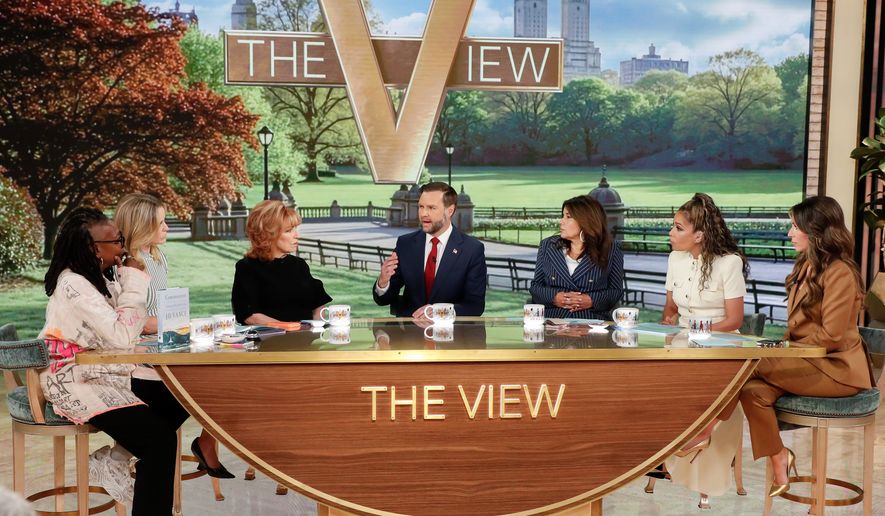 This image released by ABC shows Vice President JD Vance, center, with co-hosts, from left, Whoopi Goldberg, Sara Haines, Joy Behar, Ana Navarro, Sunny Hostin and Alyssa Farah Griffin during an appearance on "The View" in New York on Tuesday, June 16, 2026. (Lou Rocco/ABC via AP)