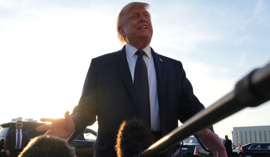 U.S. President Donald Trump talkas to the media after disembarking Air Force One at Paris Orly Airport, Wednesday, June 17, 2026, in Orly, France. (AP Photo/Julia Demaree Nikhinson)