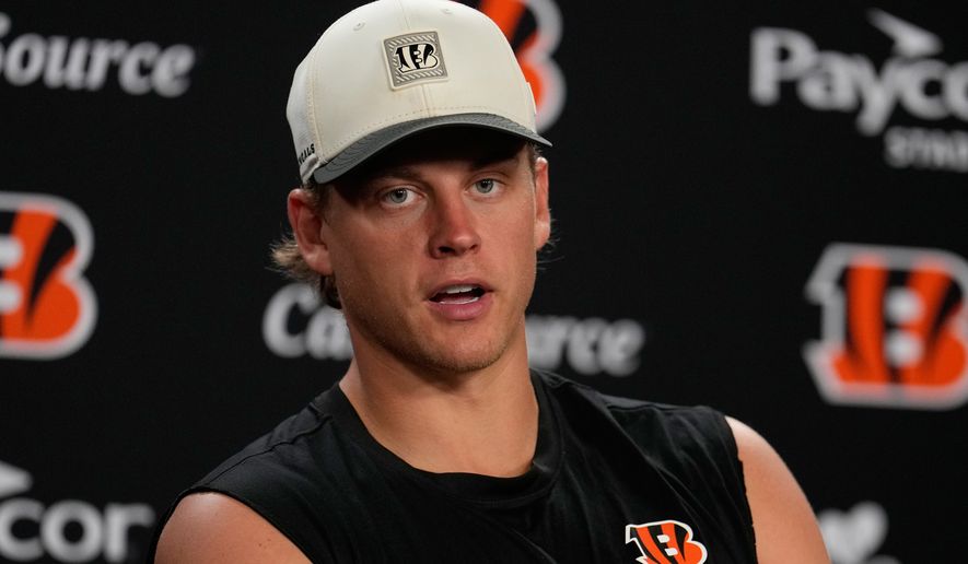 Cincinnati Bengals quarterback Joe Burrow speaks during an NFL football news conference in Cincinnati, Wednesday, June 17, 2026. (AP Photo/Carolyn Kaster)
