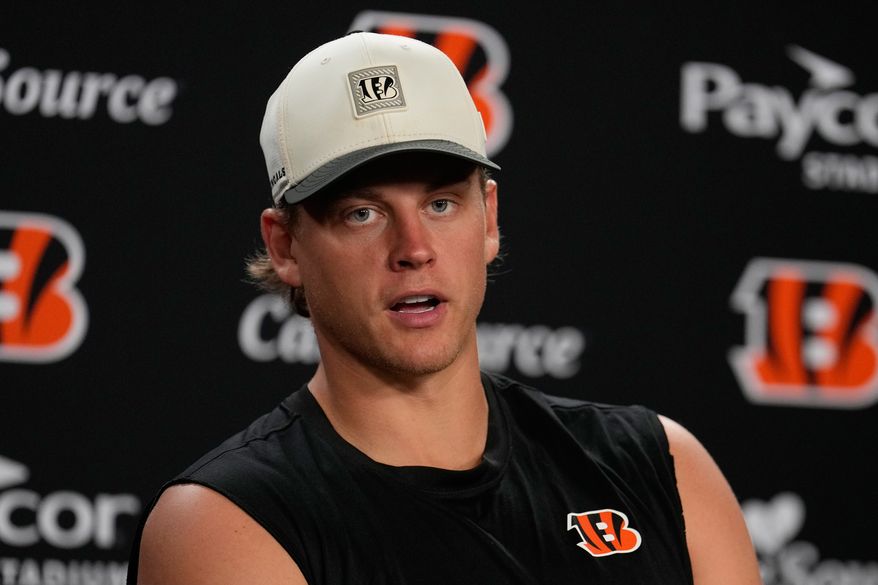 Cincinnati Bengals quarterback Joe Burrow speaks during an NFL football news conference in Cincinnati, Wednesday, June 17, 2026. (AP Photo/Carolyn Kaster)