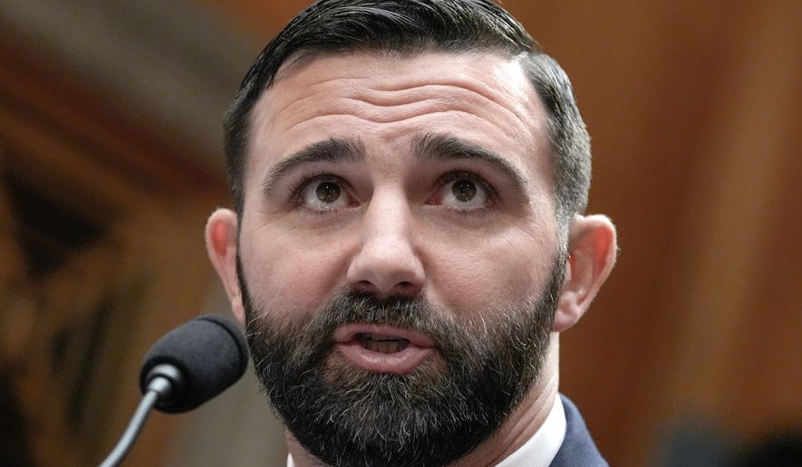 Cameron Hamilton testifies during a Senate Committee on Homeland Security and Government Affairs Committee hearing to examine his nomination to be Administrator of the Federal Emergency Management Agency, Wednesday, June 17, 2026, on Capitol Hill in Washington. (AP Photo/Mariam Zuhaib)