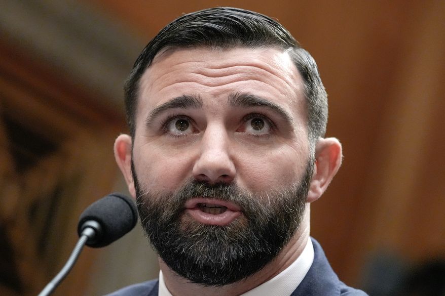 Cameron Hamilton testifies during a Senate Committee on Homeland Security and Government Affairs Committee hearing to examine his nomination to be Administrator of the Federal Emergency Management Agency, Wednesday, June 17, 2026, on Capitol Hill in Washington. (AP Photo/Mariam Zuhaib)