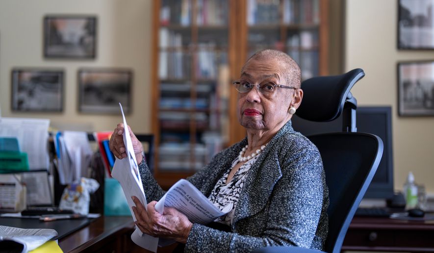 FILE - Del. Eleanor Holmes Norton, D-D.C., reflects on her time as a young civil rights activist during the 1963 March on Washington, during an Associated Press interview in her office on Capitol Hill in Washington, Aug. 9, 2023. (AP Photo/J. Scott Applewhite, File)