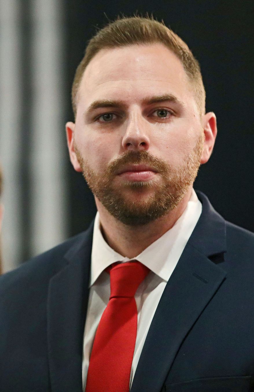 Pastor Jackson Lahmeyer's appears at the announcement of his run for the United States Senate, Tuesday, March 16, 2021 in Jenks, Okla. (Mike Simons/Tulsa World via AP, File)/Tulsa World via AP)