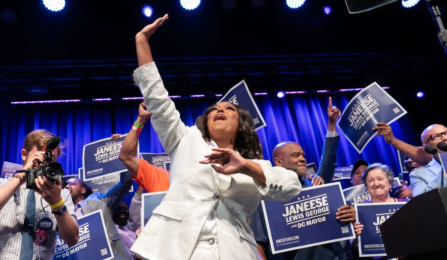 D.C. Council member Janeese Lewis George celebrates after winning the D.C. Mayor primary election during an election night party at the Howard Theatre, Tuesday, June 16, 2026, in Washington. (AP Photo/Jose Luis Magana)