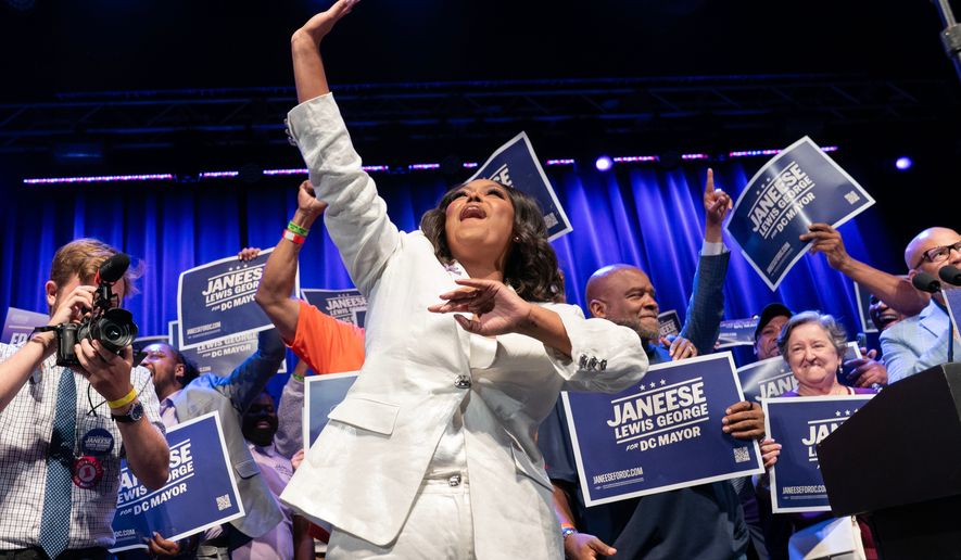 D.C. Council member Janeese Lewis George celebrates after winning the D.C. Mayor primary election during an election night party at the Howard Theatre, Tuesday, June 16, 2026, in Washington. (AP Photo/Jose Luis Magana)