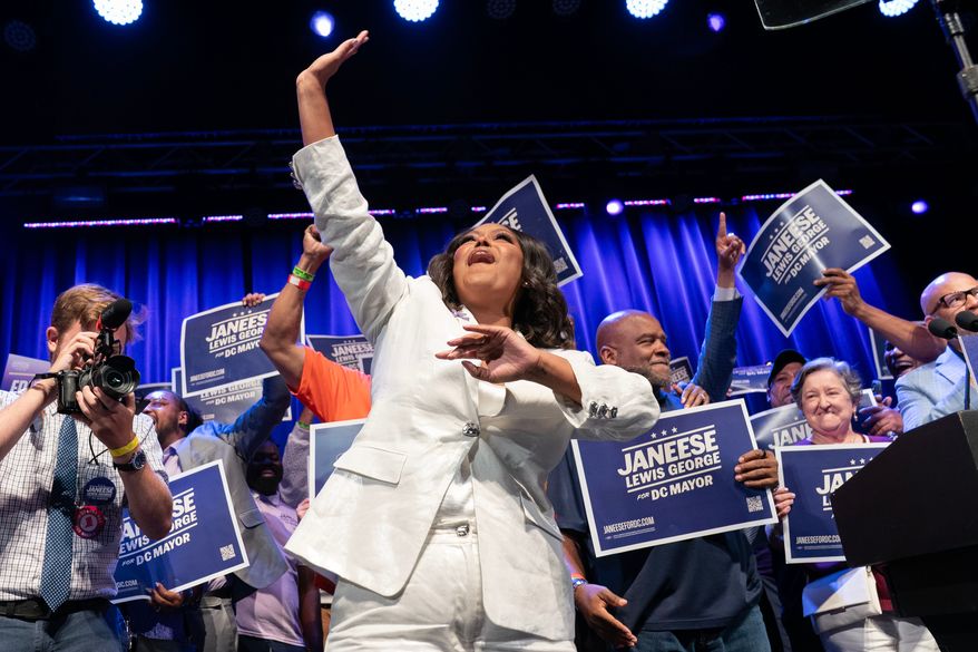 D.C. Council member Janeese Lewis George celebrates after winning the D.C. Mayor primary election during an election night party at the Howard Theatre, Tuesday, June 16, 2026, in Washington. (AP Photo/Jose Luis Magana)