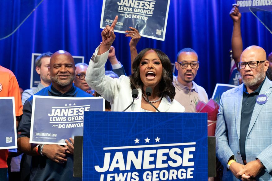 D.C. Council member Janeese Lewis George speaks to the crowd after winning the D.C. mayor's primary election during an election night party at the Howard Theater on Tuesday, June 16, 2026, in Washington. (AP Photo/Jose Luis Magana)
