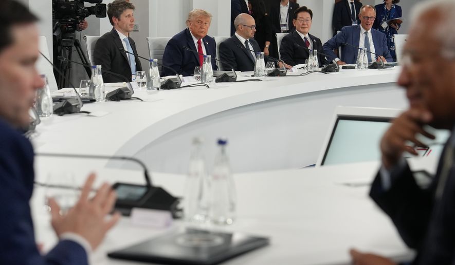 U.S. President Donald Trump participates in a working lunch with other leaders during the G7 summit, Wednesday, June 17, 2026, in Evian-les-Bains, France. (AP Photo/Julia Demaree Nikhinson, Pool)