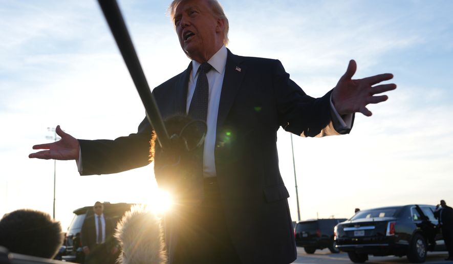 U.S. President Donald Trumptalkas to the media after disembarking Air Force One at Paris Orly Airport, Wednesday, June 17, 2026, in Orly, France. (AP Photo/Julia Demaree Nikhinson)