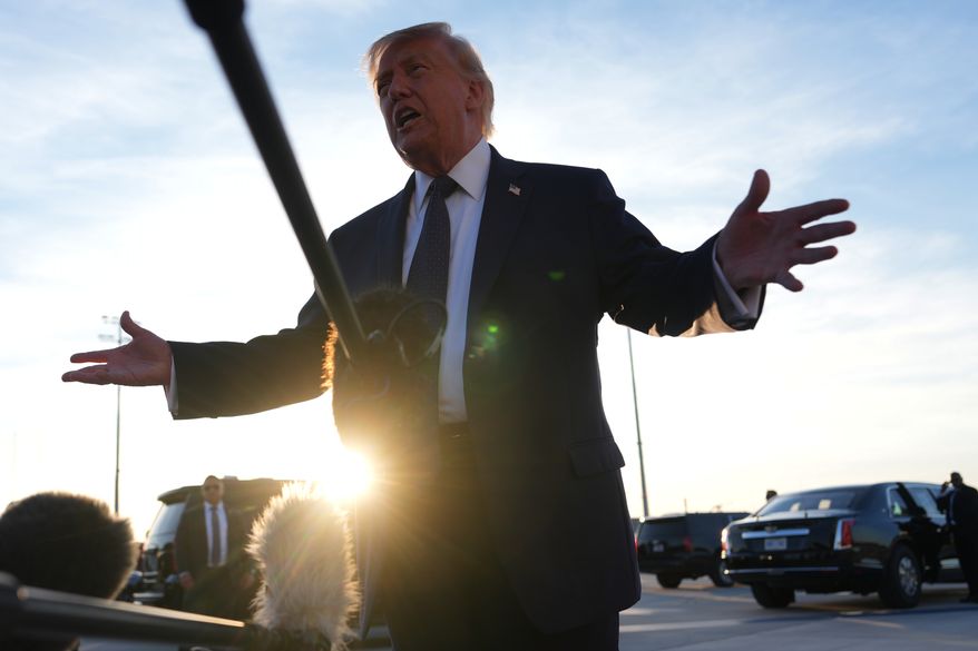U.S. President Donald Trumptalkas to the media after disembarking Air Force One at Paris Orly Airport, Wednesday, June 17, 2026, in Orly, France. (AP Photo/Julia Demaree Nikhinson)